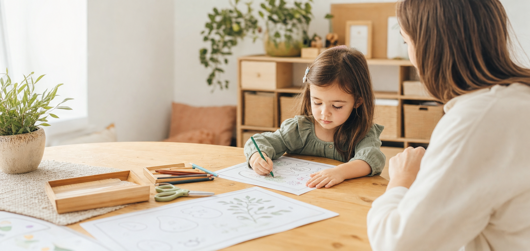 A child doing printable activities at a wooden table with a parent nearby.
